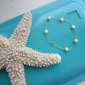 Real 14KT Gold and Pearl Tin Cup style Bracelet  - 7 1/2"